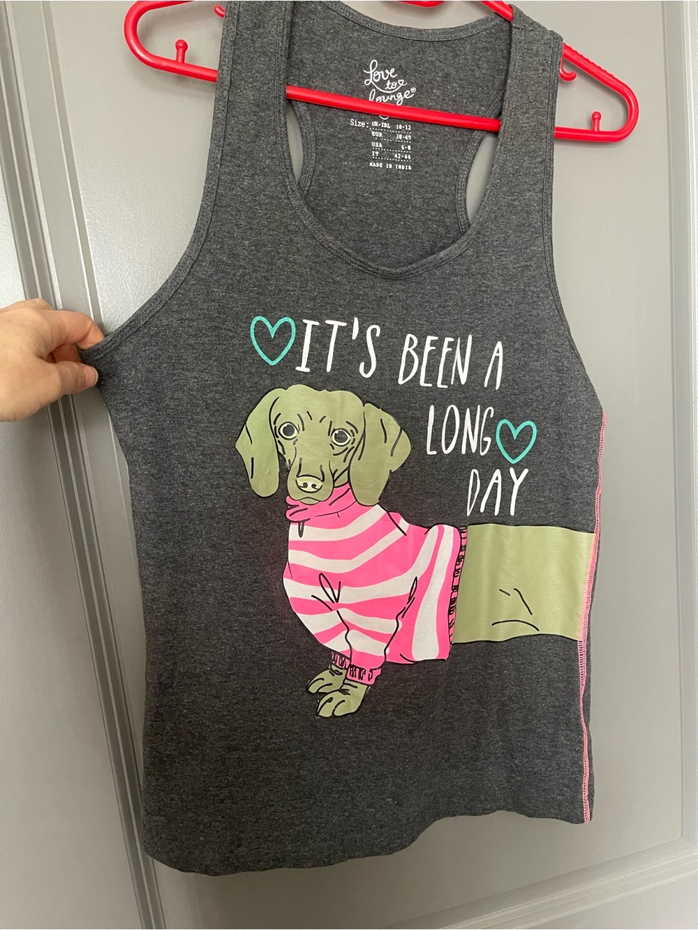 Love to Lounge racerback Gray Tank Top with Pink Dachshund  dog Graphic M